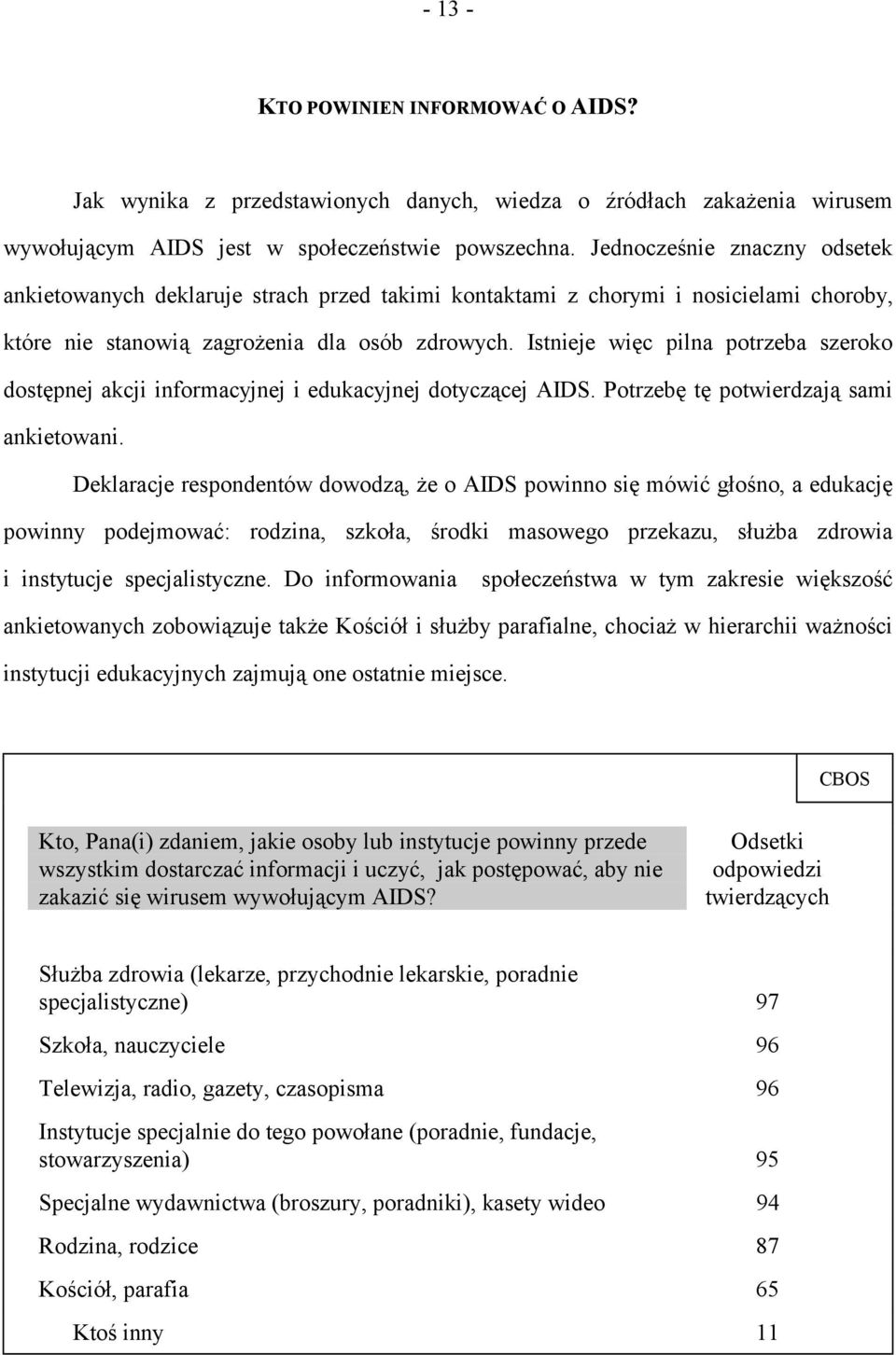 Istnieje więc pilna potrzeba szeroko dostępnej akcji informacyjnej i edukacyjnej dotyczącej AIDS. Potrzebę tę potwierdzają sami ankietowani.