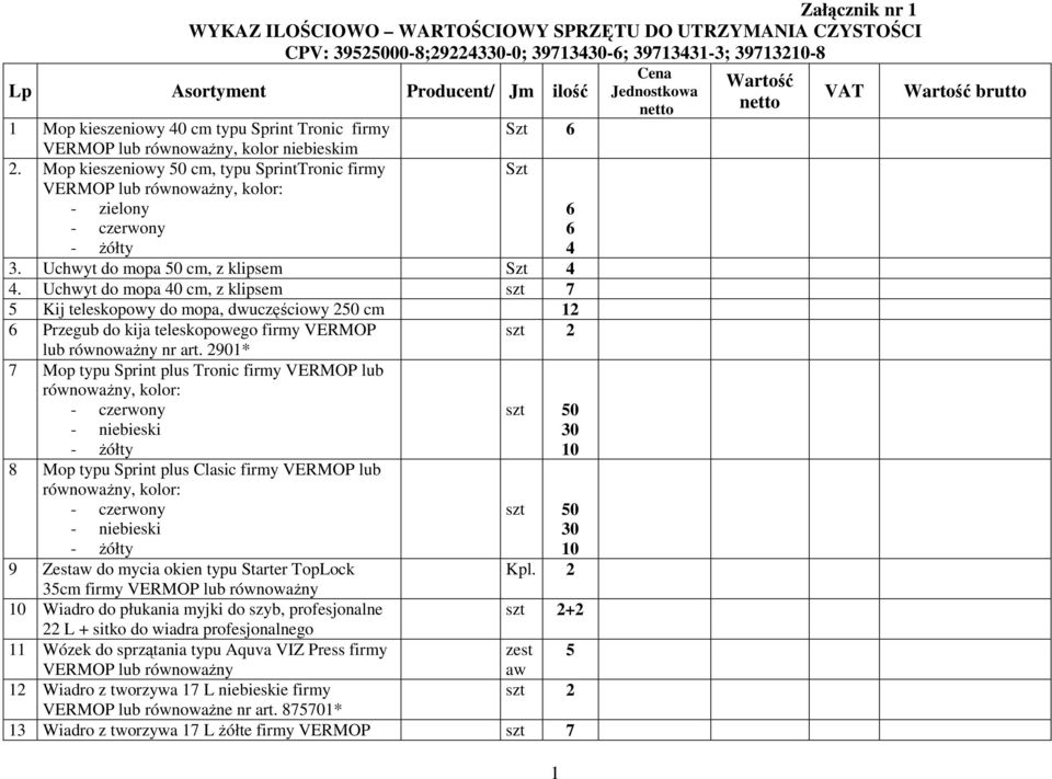 Uchwyt do mopa 50 cm, z klipsem Szt 4 4. Uchwyt do mopa 40 cm, z klipsem szt 7 5 Kij teleskopowy do mopa, dwuczęściowy 250 cm 12 6 Przegub do kija teleskopowego firmy VERMOP lub równowaŝny nr art.