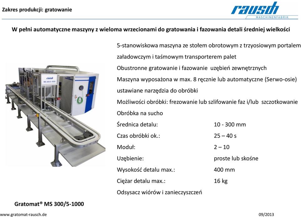 8 ręcznie lub automatyczne (Serwo-osie) ustawiane narzędzia do obróbki Możliwości obróbki: frezowanie lub szlifowanie faz i/lub szczotkowanie Obróbka na sucho