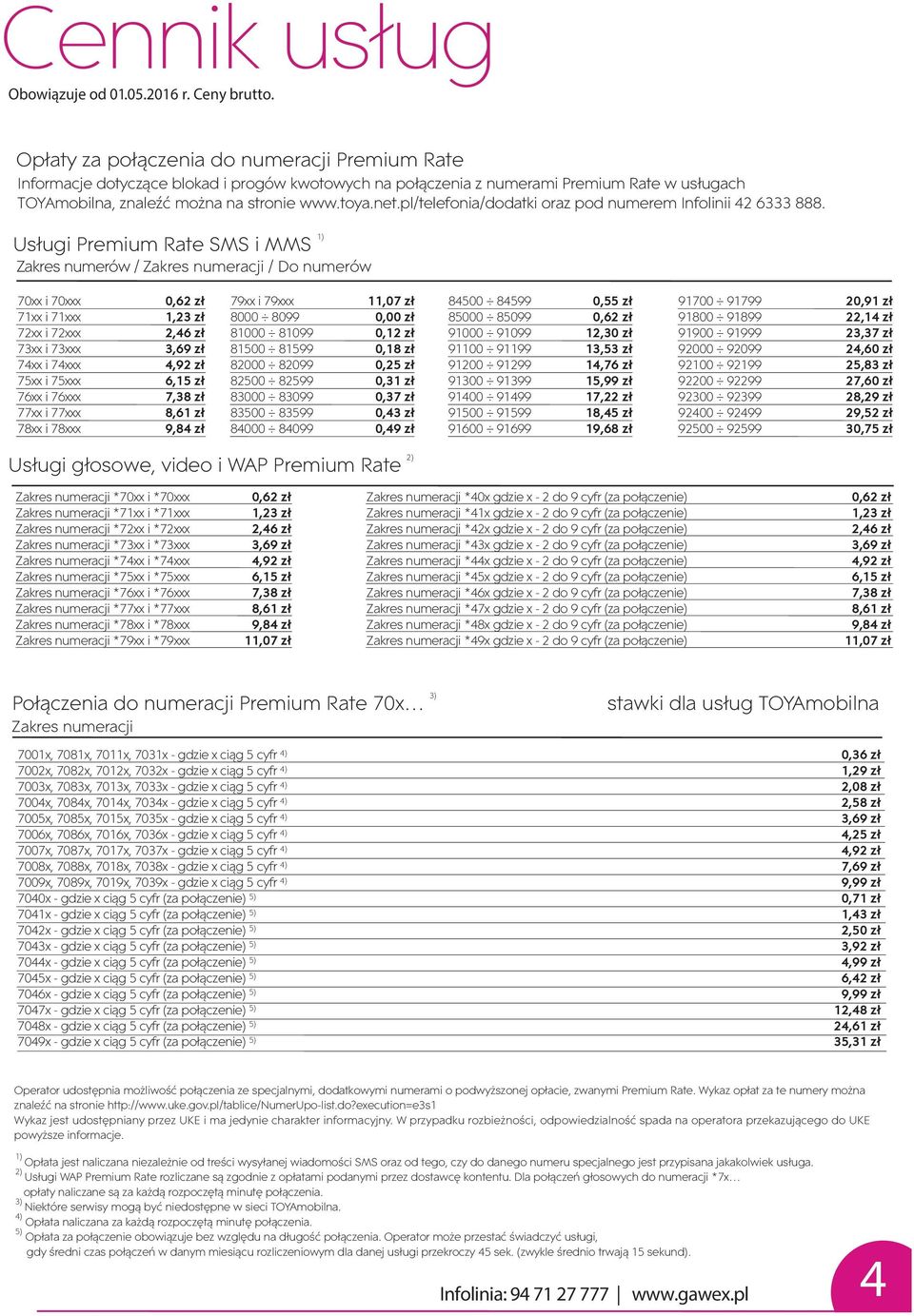 Usługi Premium Rate SMS i MMS 1) Zakres numerów / Zakres numeracji / Do numerów 70xx i 70xxx 71xx i 71xxx 72xx i 72xxx 73xx i 73xxx 74xx i 74xxx 75xx i 75xxx 76xx i 76xxx 77xx i 77xxx 78xx i 78xxx