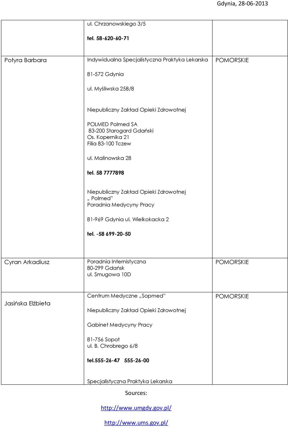 58 7777898 Polmed Poradnia Medycyny Pracy 81-969 Gdynia ul. Wielkokacka 2 tel.
