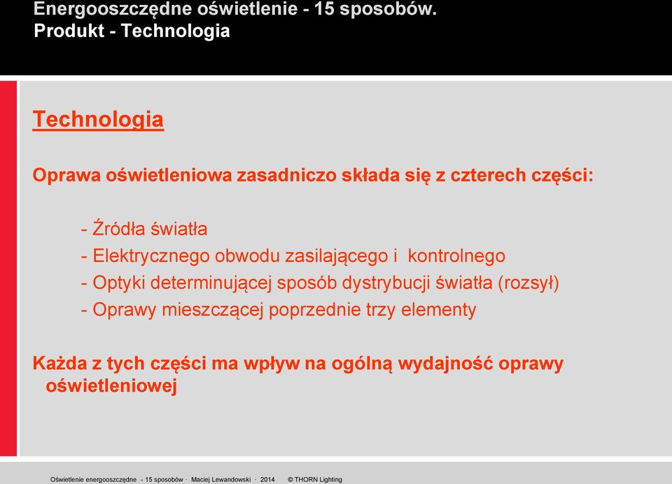 - Optyki determinującej sposób dystrybucji światła (rozsył) - Oprawy mieszczącej