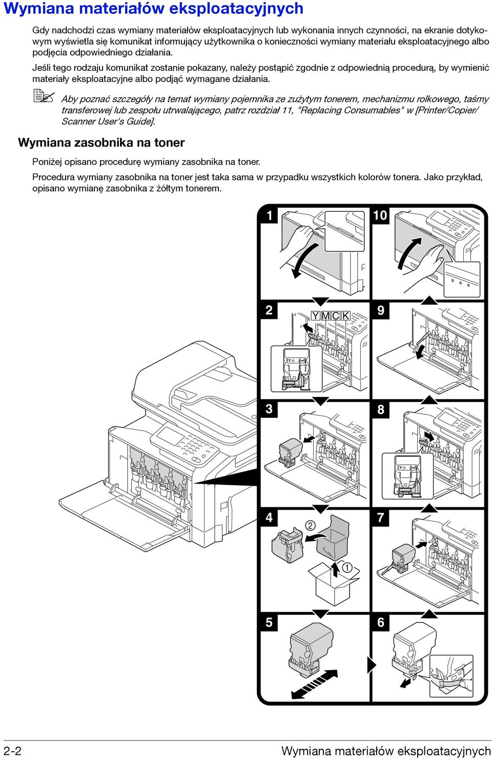 Jeśli tego rodzaju komunikat zostanie pokazany, należy postąpić zgodnie z odpowiednią procedurą, by wymienić materiały eksploatacyjne albo podjąć wymagane działania.