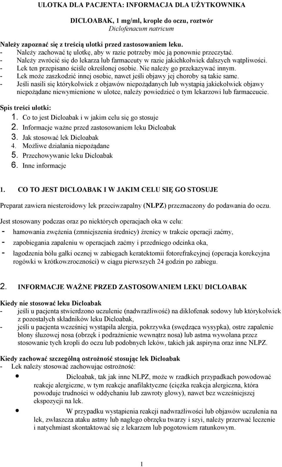 ULOTKA DLA PACJENTA: INFORMACJA DLA UŻYTKOWNIKA. DICLOABAK, 1 mg/ml, krople  do oczu, roztwór Diclofenacum natricum - PDF Darmowe pobieranie