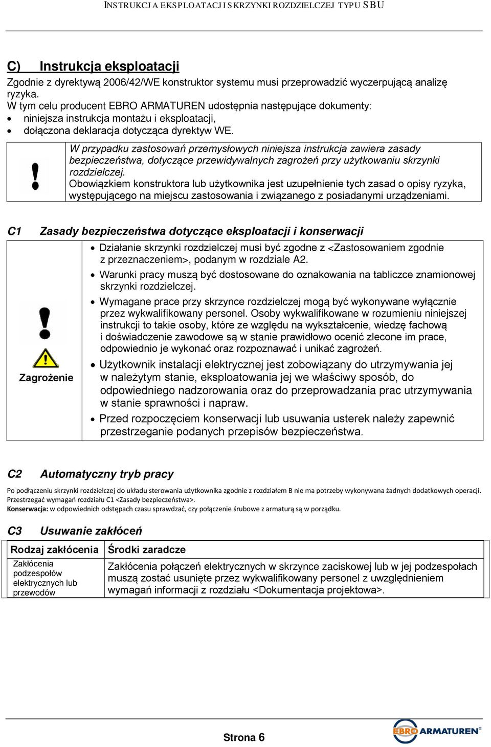 W przypadku zastosowań przemysłowych niniejsza instrukcja zawiera zasady bezpieczeństwa, dotyczące przewidywalnych zagrożeń przy użytkowaniu skrzynki rozdzielczej.