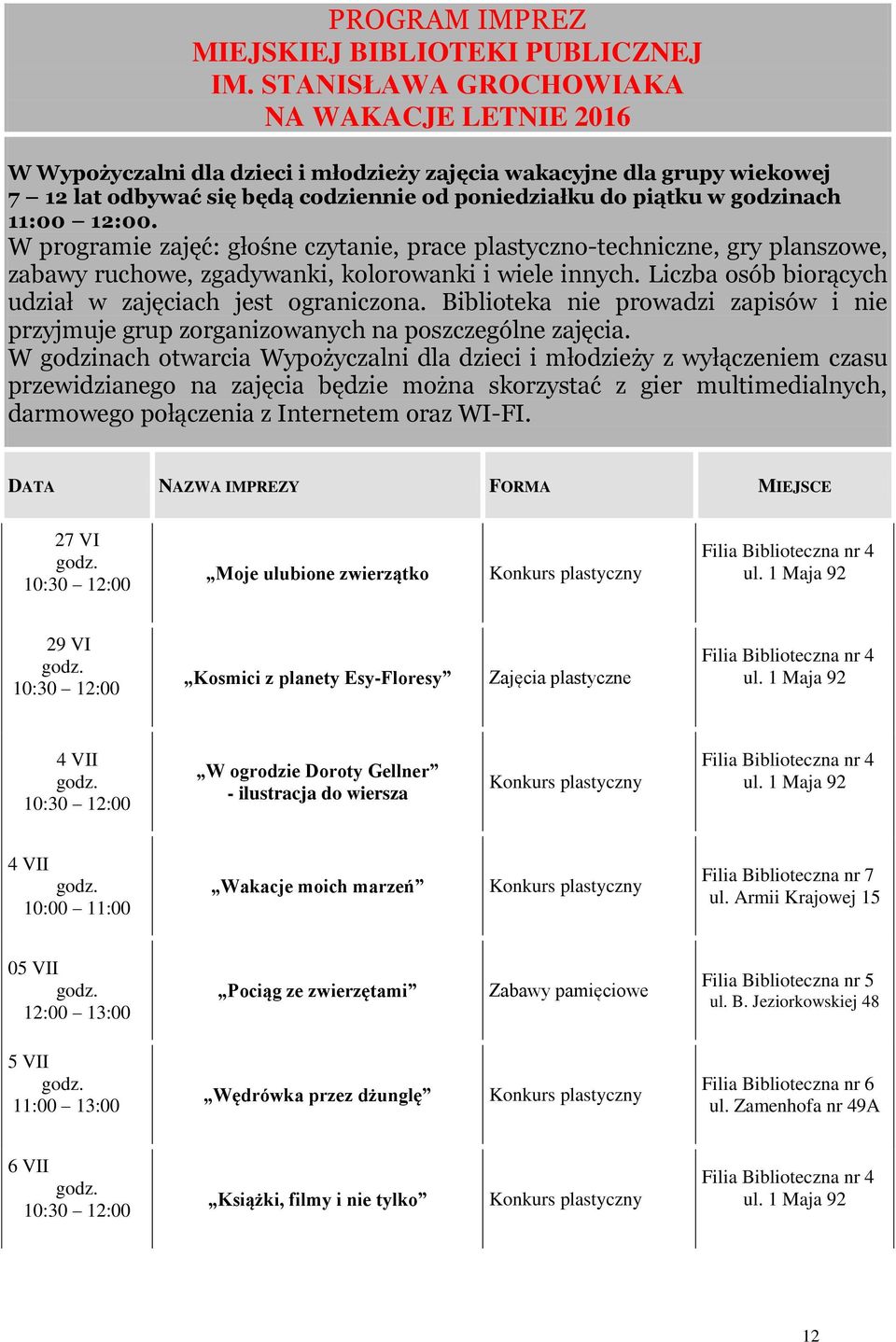 11:00 12:00. W programie zajęć: głośne czytanie, prace plastyczno-techniczne, gry planszowe, zabawy ruchowe, zgadywanki, kolorowanki i wiele innych.
