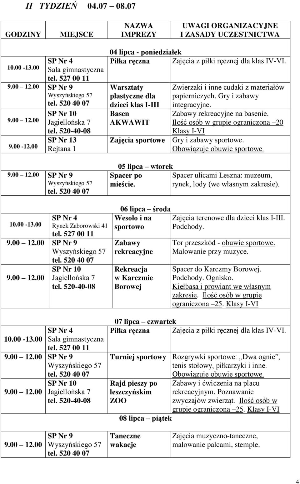520 40 07 04 lipca - poniedziałek Piłka ręczna Zajęcia z piłki ręcznej dla klas IV-VI. Warsztaty plastyczne dla dzieci klas I-III Basen AKWAWIT Zwierzaki i inne cudaki z materiałów papierniczych.