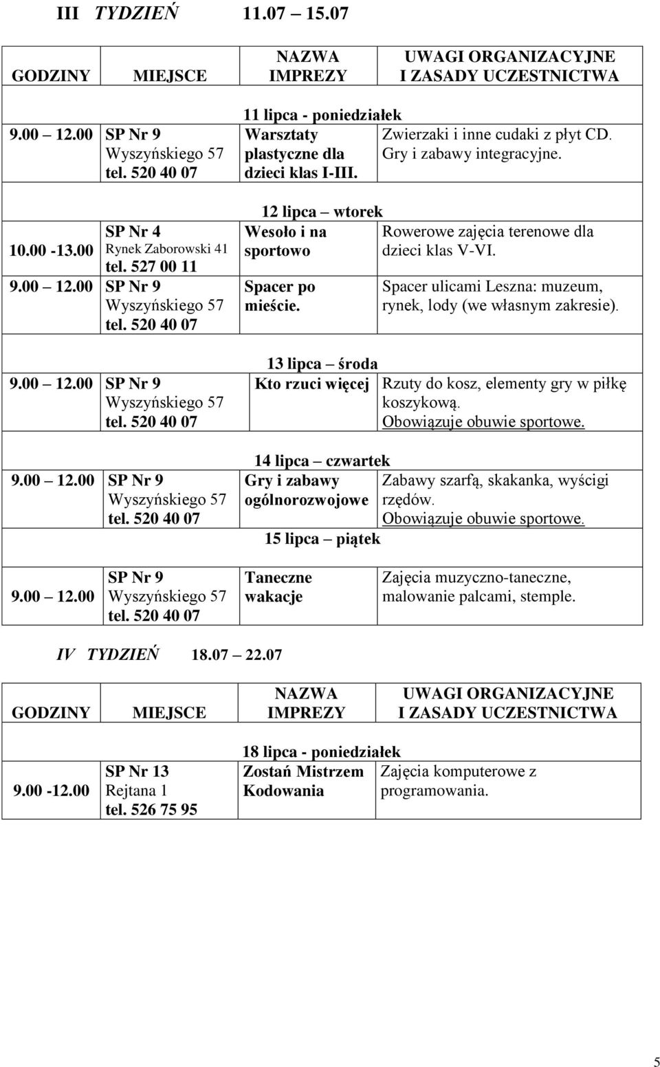 plastyczne dla Gry i zabawy integracyjne. dzieci klas I-III. 12 lipca wtorek Wesoło i na sportowo Spacer po mieście. Rowerowe zajęcia terenowe dla dzieci klas V-VI.