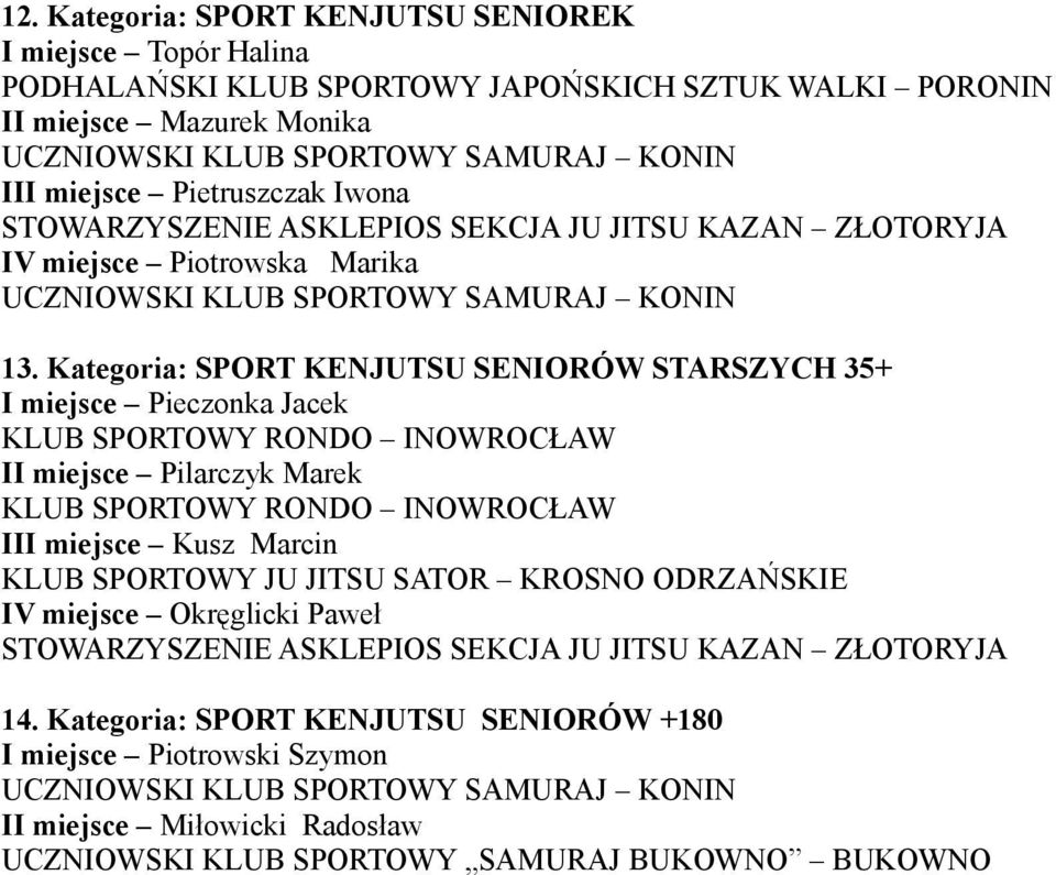 Kategoria: SPORT KENJUTSU SENIORÓW STARSZYCH 35+ I miejsce Pieczonka Jacek II miejsce Pilarczyk Marek III miejsce