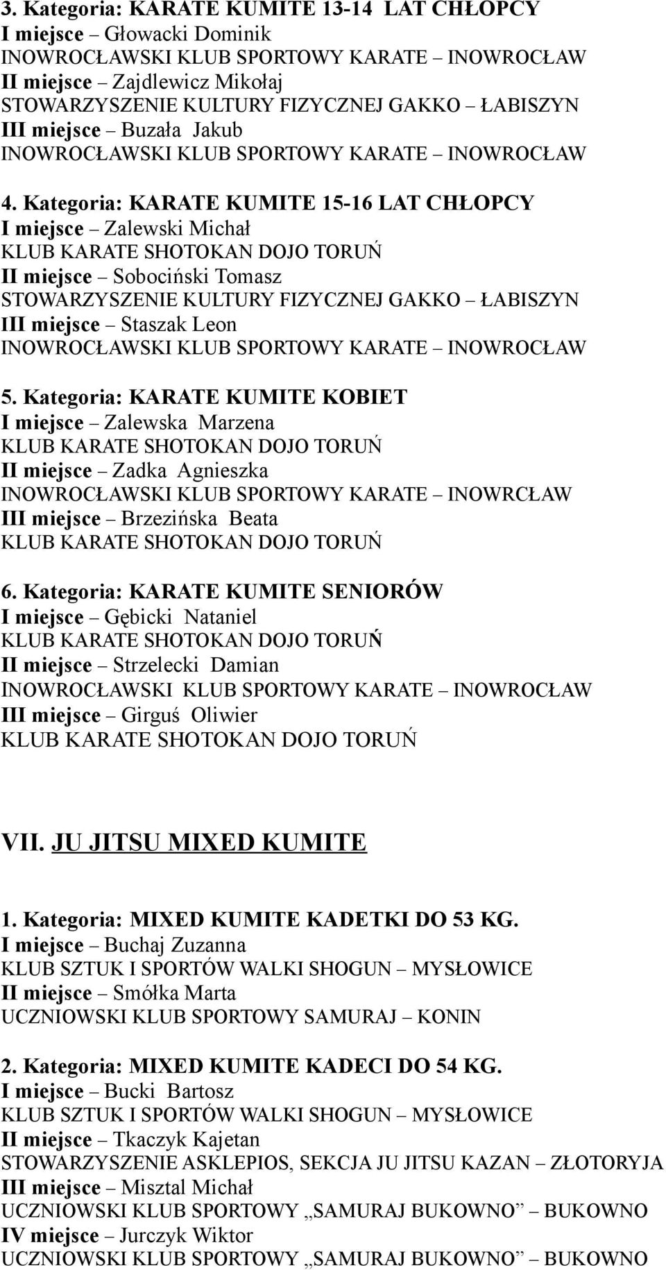 Kategoria: KARATE KUMITE KOBIET I miejsce Zalewska Marzena II miejsce Zadka Agnieszka INOWROCŁAWSKI KLUB SPORTOWY KARATE INOWRCŁAW III miejsce Brzezińska Beata 6.