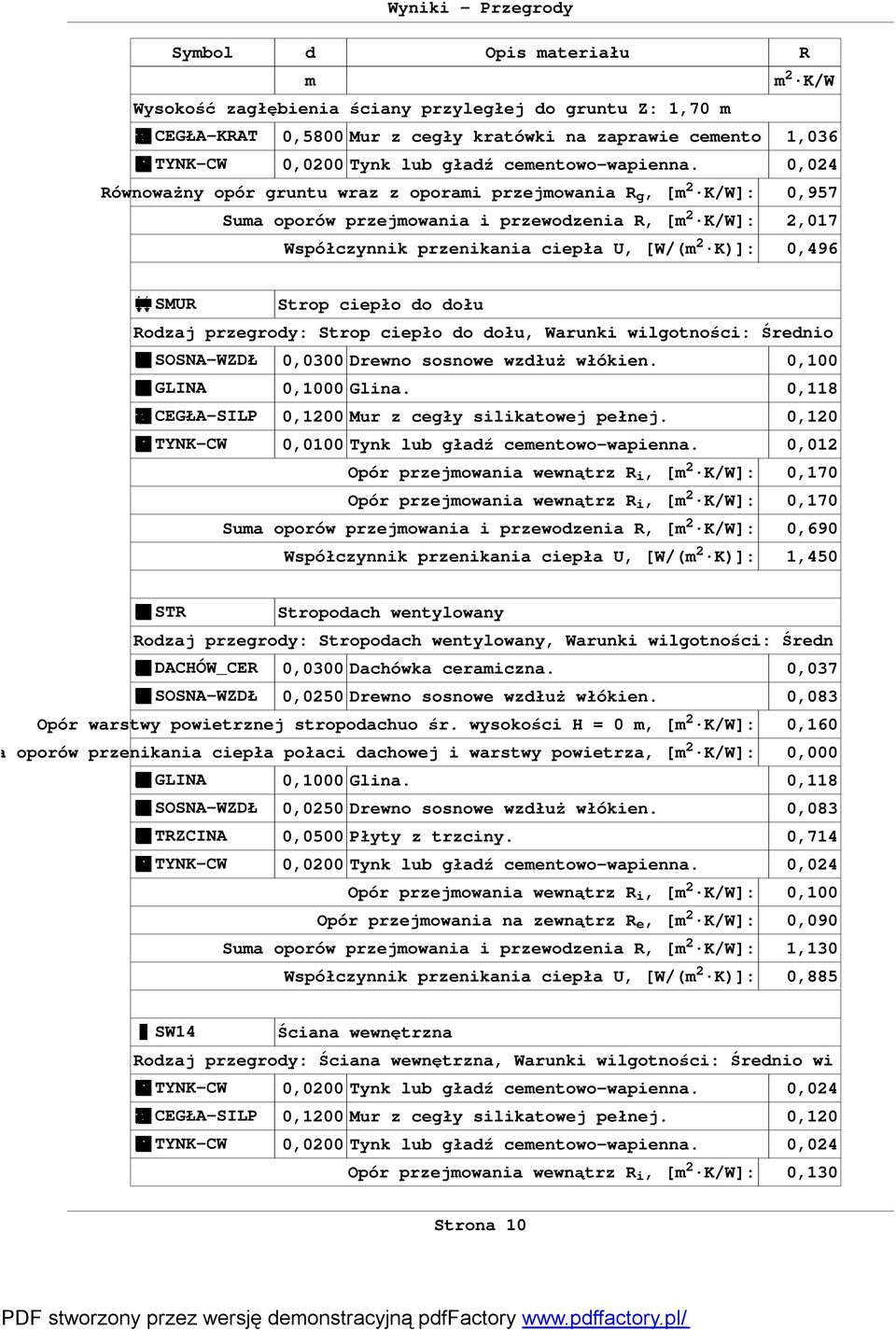 Rodzaj przegrody: Strop ciepło do dołu, Warunki wilgotności: Średnio SOSNA-WZDŁ 0,0300 Drewno sosnowe wzdłuż włókien. 0,100 GLINA 0,1000 Glina. 0,118 CEGŁA-SILP 0,1200 Mur z cegły silikatowej pełnej.