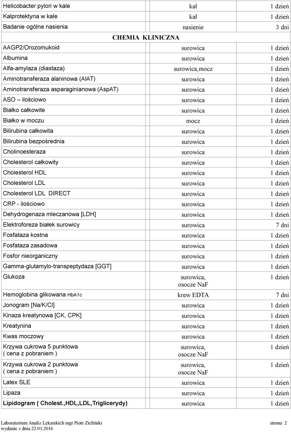 Bilirubina bezpośrednia surowica Cholinoesteraza surowica Cholesterol całkowity surowica Cholesterol HDL surowica Cholesterol LDL surowica Cholesterol LDL DIRECT surowica CRP - ilościowo surowica