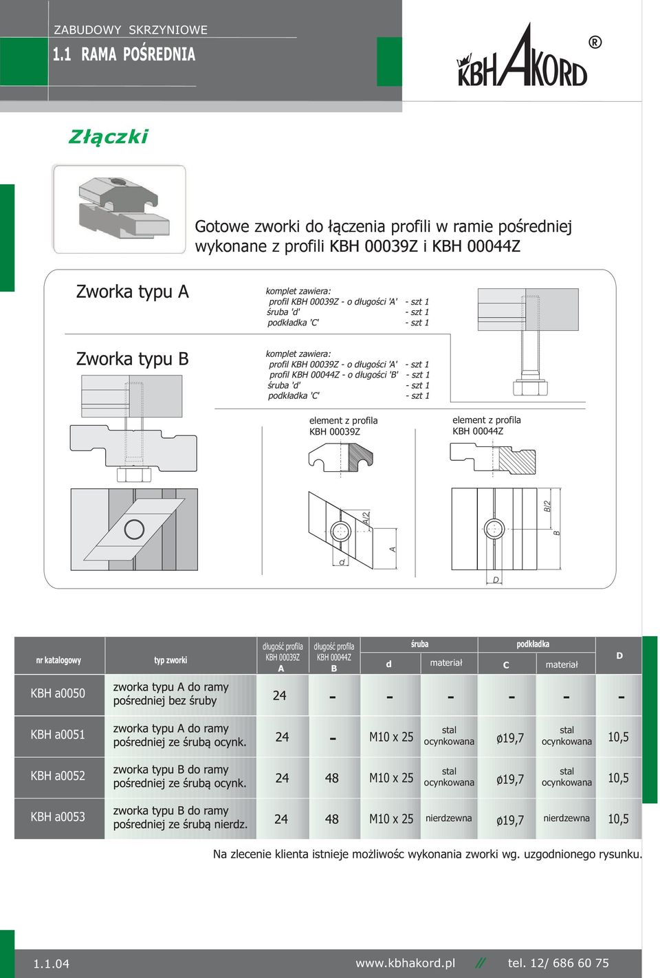 podk³adka 'C' - szt 1 komplet zawiera: profil KBH 00039Z - o d³ugoœci 'A' - szt 1 profil KBH 00044Z - o d³ugoœci 'B' - szt 1 œruba 'd' - szt 1 podk³adka 'C' - szt 1 element z profila KBH 00039Z