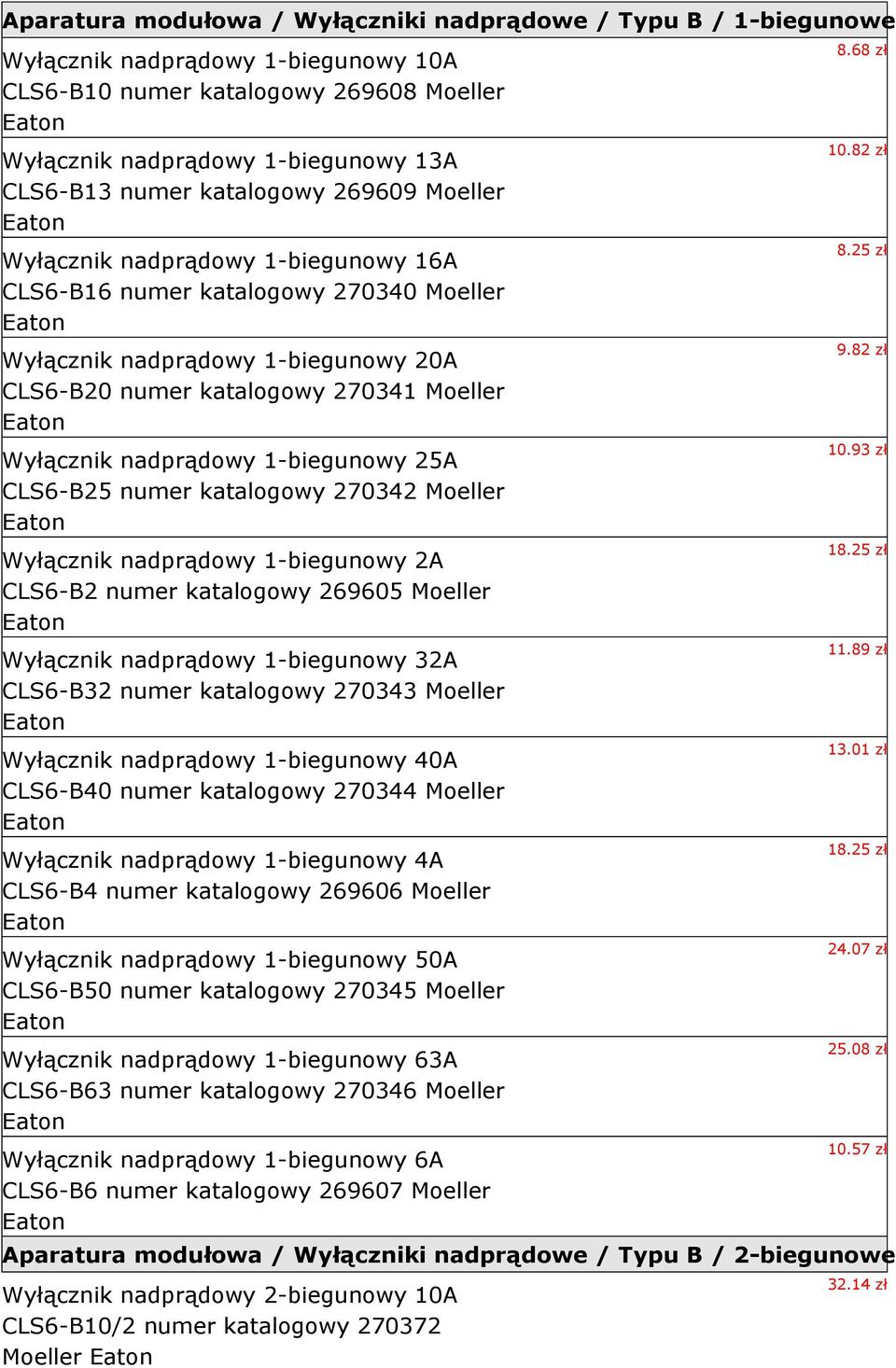 nadprądowy 1-biegunowy 25A CLS6-B25 numer katalogowy 270342 Moeller Wyłącznik nadprądowy 1-biegunowy 2A CLS6-B2 numer katalogowy 269605 Moeller Wyłącznik nadprądowy 1-biegunowy 32A CLS6-B32 numer