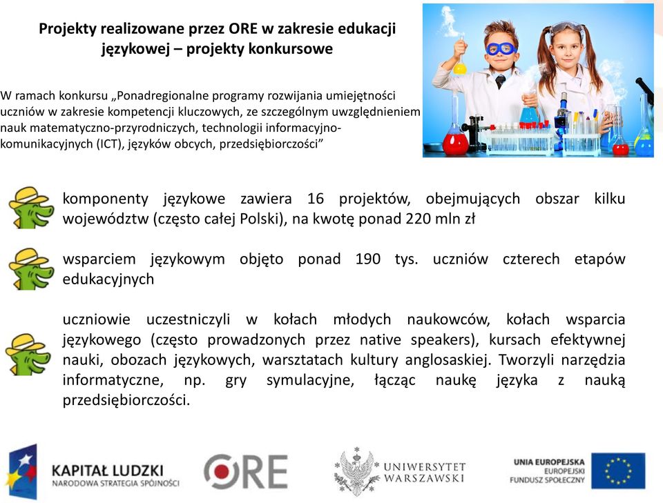 obszar kilku województw (często całej Polski), na kwotę ponad 220 mln zł wsparciem językowym objęto ponad 190 tys.