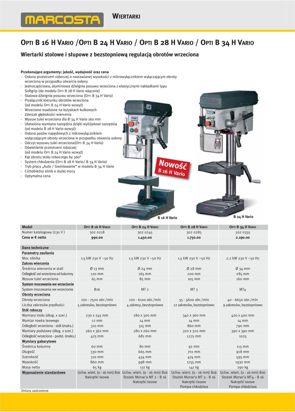 elastycznymi nakładkami typu Softgrip (do modelu OPTI B 28 H Vario włącznie) Stalowa dźwignia posuwu wrzeciona (OPTI B 34 H Vario) Przełącznik kierunku obrotów wrzeciona (od modelu OPTI B 24 H Vario