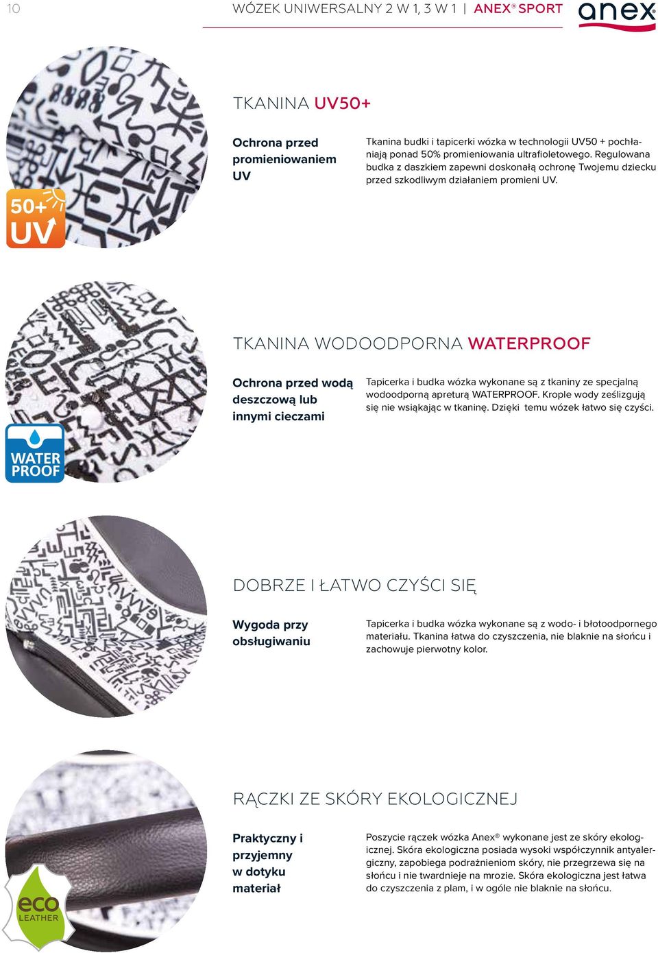 TKANINA WODOODPORNA WATERPROOF Ochrona przed wodą deszczową lub innymi cieczami Tapicerka i budka wózka wykonane są z tkaniny ze specjalną wodoodporną apreturą WATERPROOF.