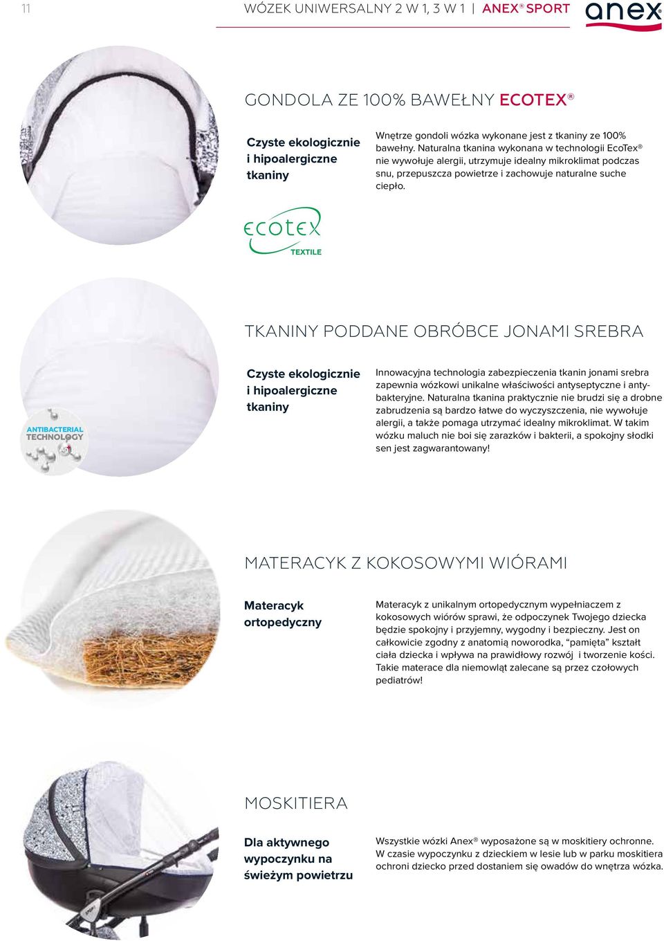 TKANINY PODDANE OBRÓBCE JONAMI SREBRA ANTIBACTERIAL TECHNOLOGY Czyste ekologicznie i hipoalergiczne tkaniny Innowacyjna technologia zabezpieczenia tkanin jonami srebra zapewnia wózkowi unikalne