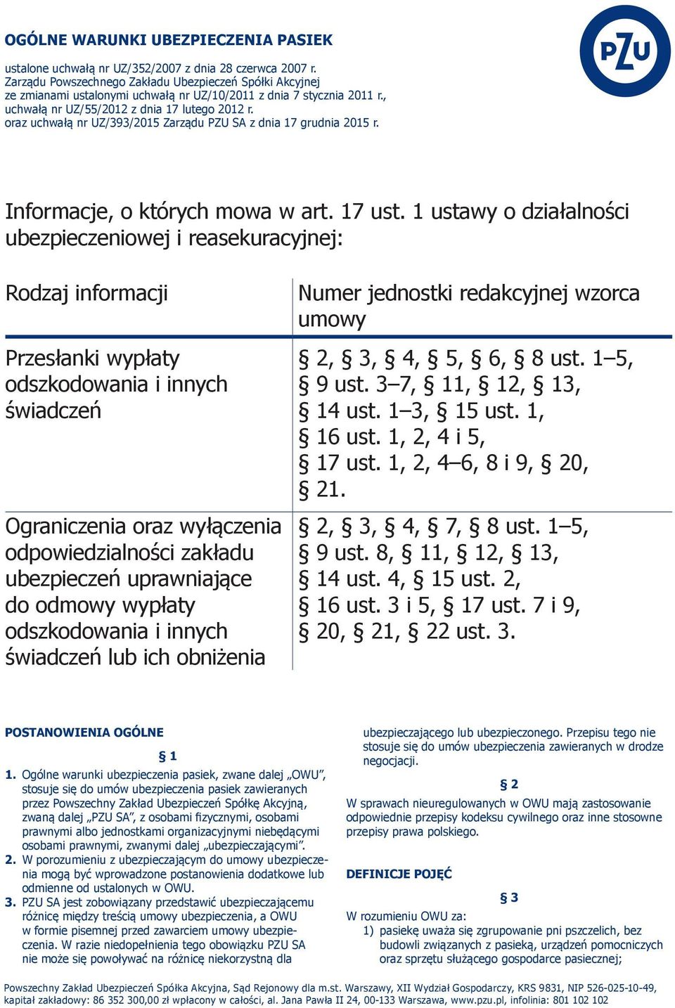 1 ustawy o działalności ubezpieczeniowej i reasekuracyjnej: Rodzaj informacji Przesłanki wypłaty odszkodowania i innych świadczeń Ograniczenia oraz wyłączenia odpowiedzialności zakładu ubezpieczeń