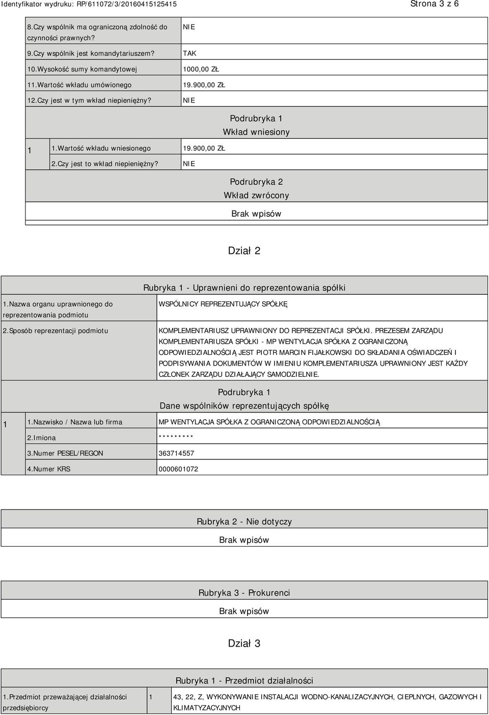 Podrubryka 2 Wkład zwrócony Dział 2 Rubryka 1 - Uprawnieni do reprezentowania spółki 1.Nazwa organu uprawnionego do reprezentowania podmiotu 2.