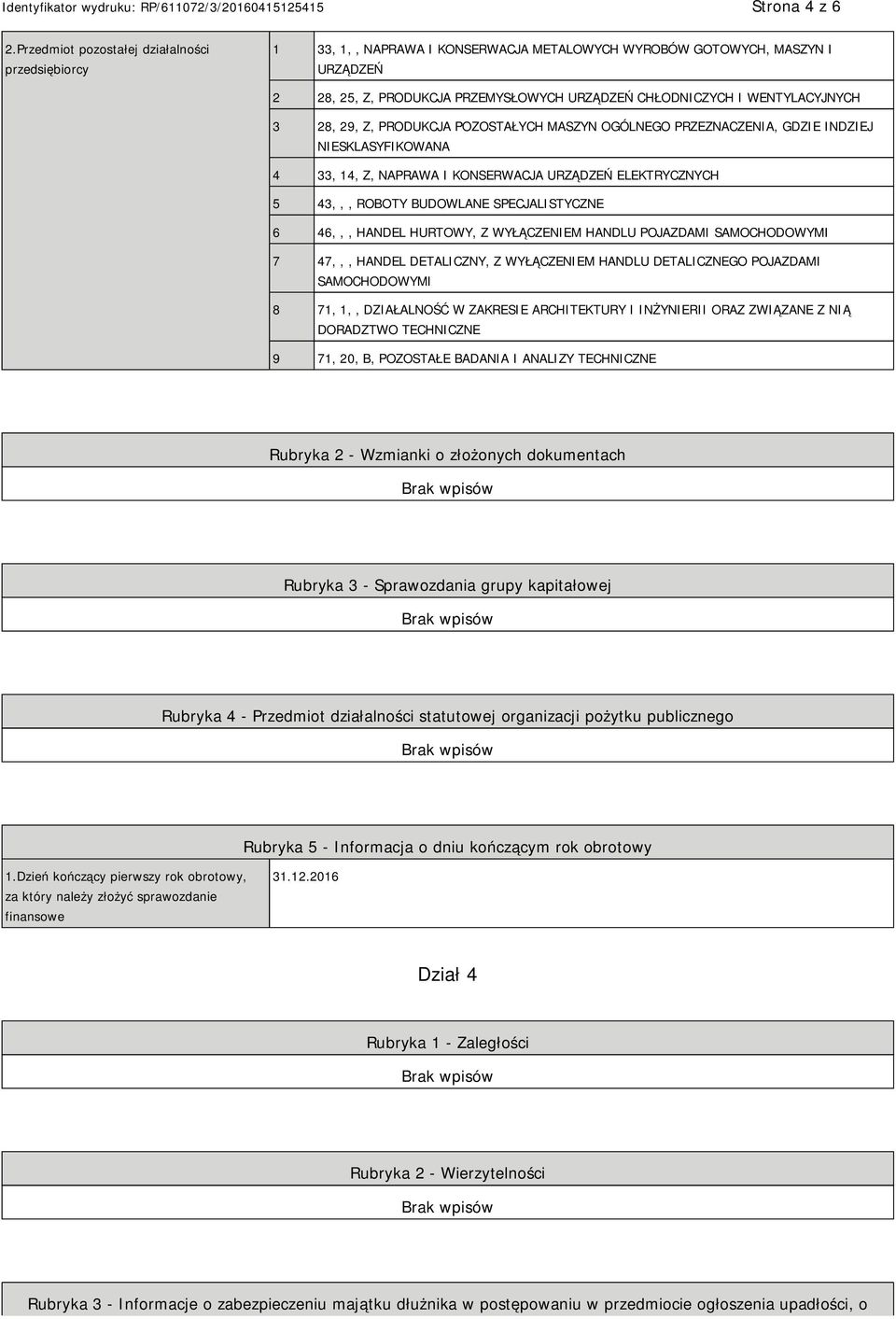 WENTYLACYJNYCH 3 28, 29, Z, PRODUKCJA POZOSTAŁYCH MASZYN OGÓLNEGO PRZEZNACZENIA, GDZIE INDZIEJ SKLASYFIKOWANA 4 33, 14, Z, NAPRAWA I KONSERWACJA URZĄDZEŃ ELEKTRYCZNYCH 5 43,,, ROBOTY BUDOWLANE