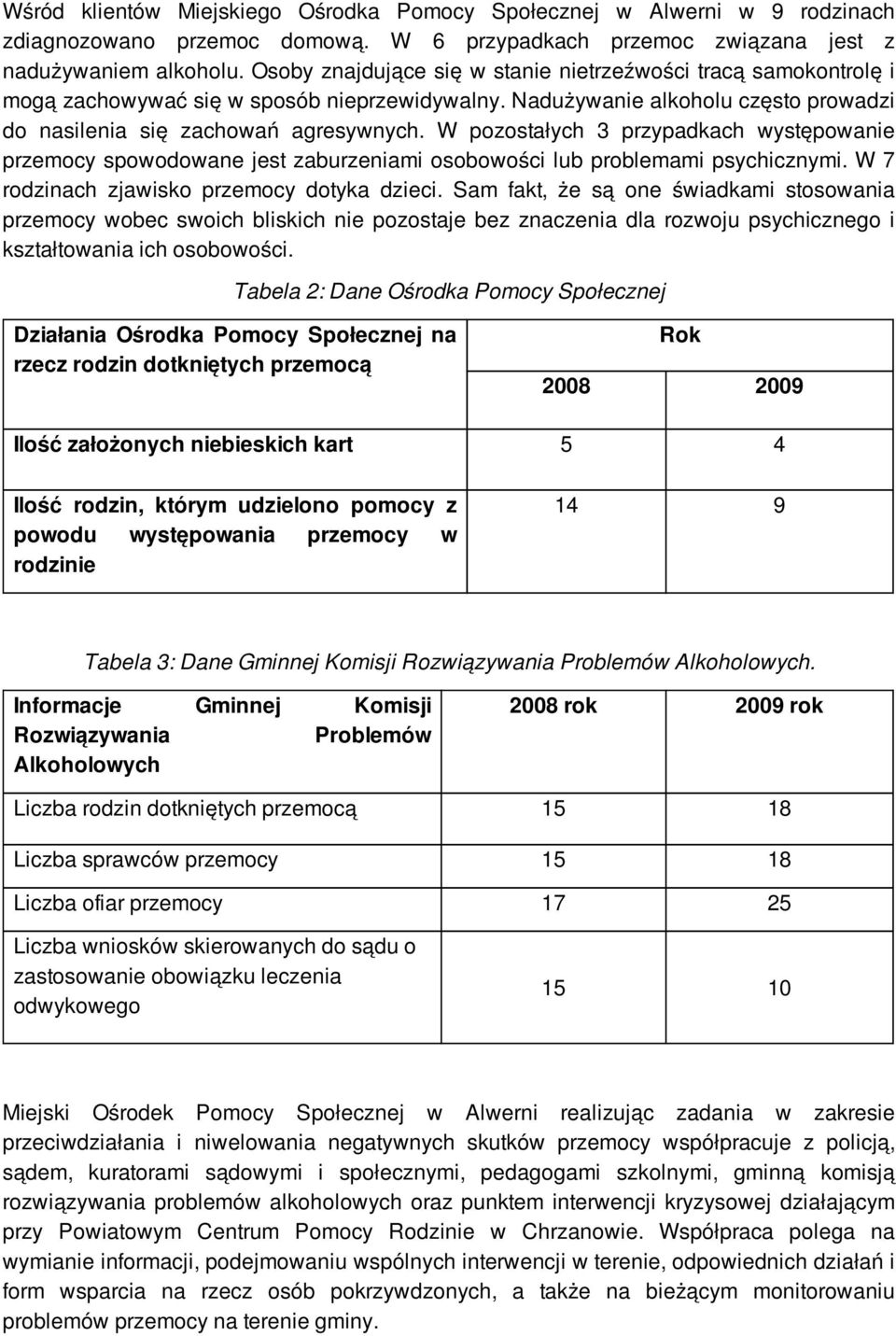 W pozostałych 3 przypadkach występowanie przemocy spowodowane jest zaburzeniami osobowości lub problemami psychicznymi. W 7 rodzinach zjawisko przemocy dotyka dzieci.