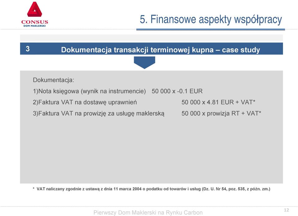 81 EUR + VAT* 3)Faktura VAT na prowizję za usługę maklerską 50 000 x prowizja RT + VAT* * VAT naliczany zgodnie z