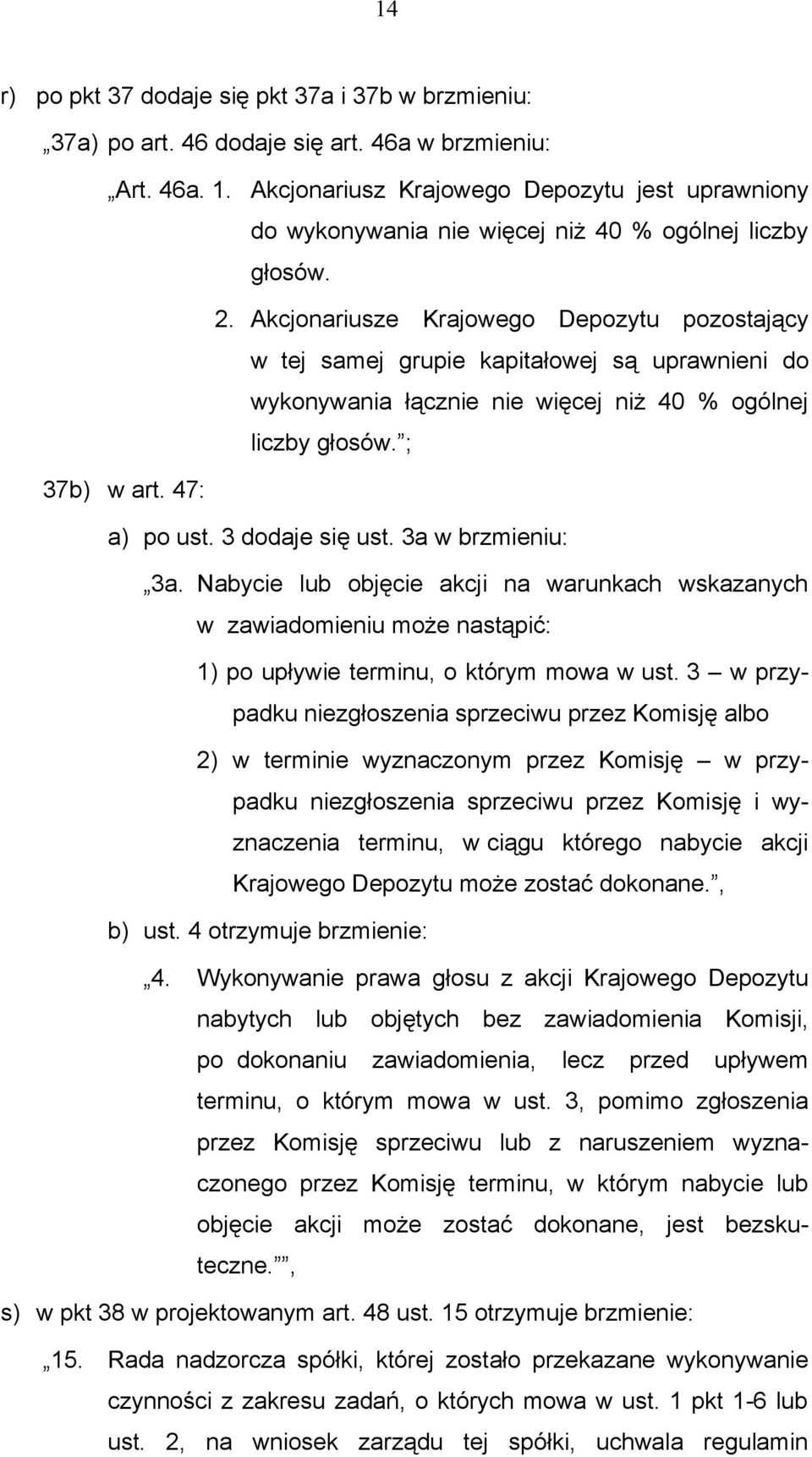 Akcjonariusze Krajowego Depozytu pozostający w tej samej grupie kapitałowej są uprawnieni do wykonywania łącznie nie więcej niż 40 % ogólnej liczby głosów. ; 37b) w art. 47: a) po ust.