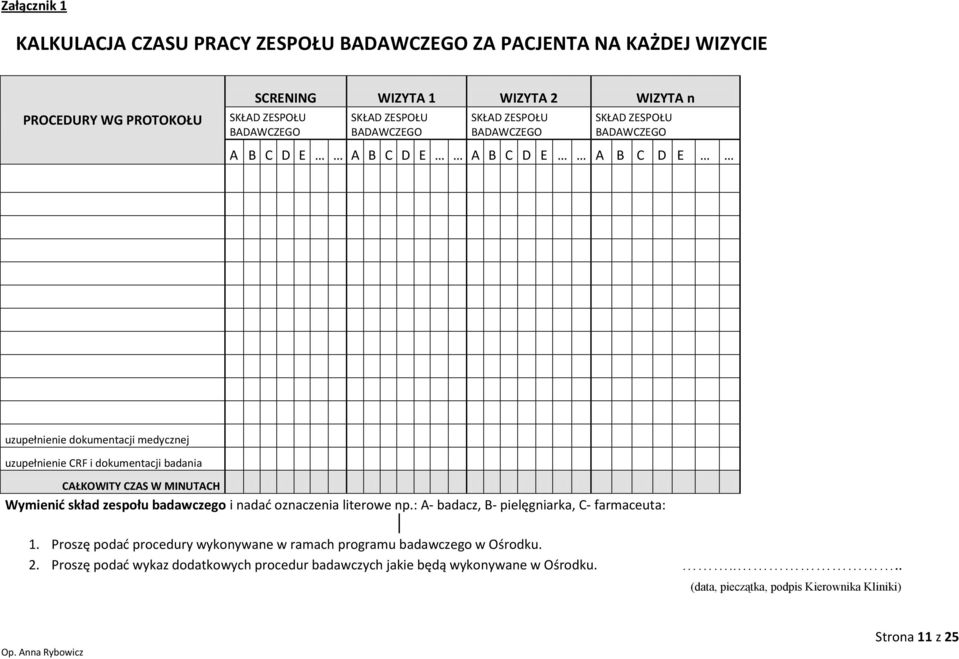 badania CAŁKOWITY CZAS W MINUTACH Wymienid skład zespołu badawczego i nadad oznaczenia literowe np.: A- badacz, B- pielęgniarka, C- farmaceuta: 1.