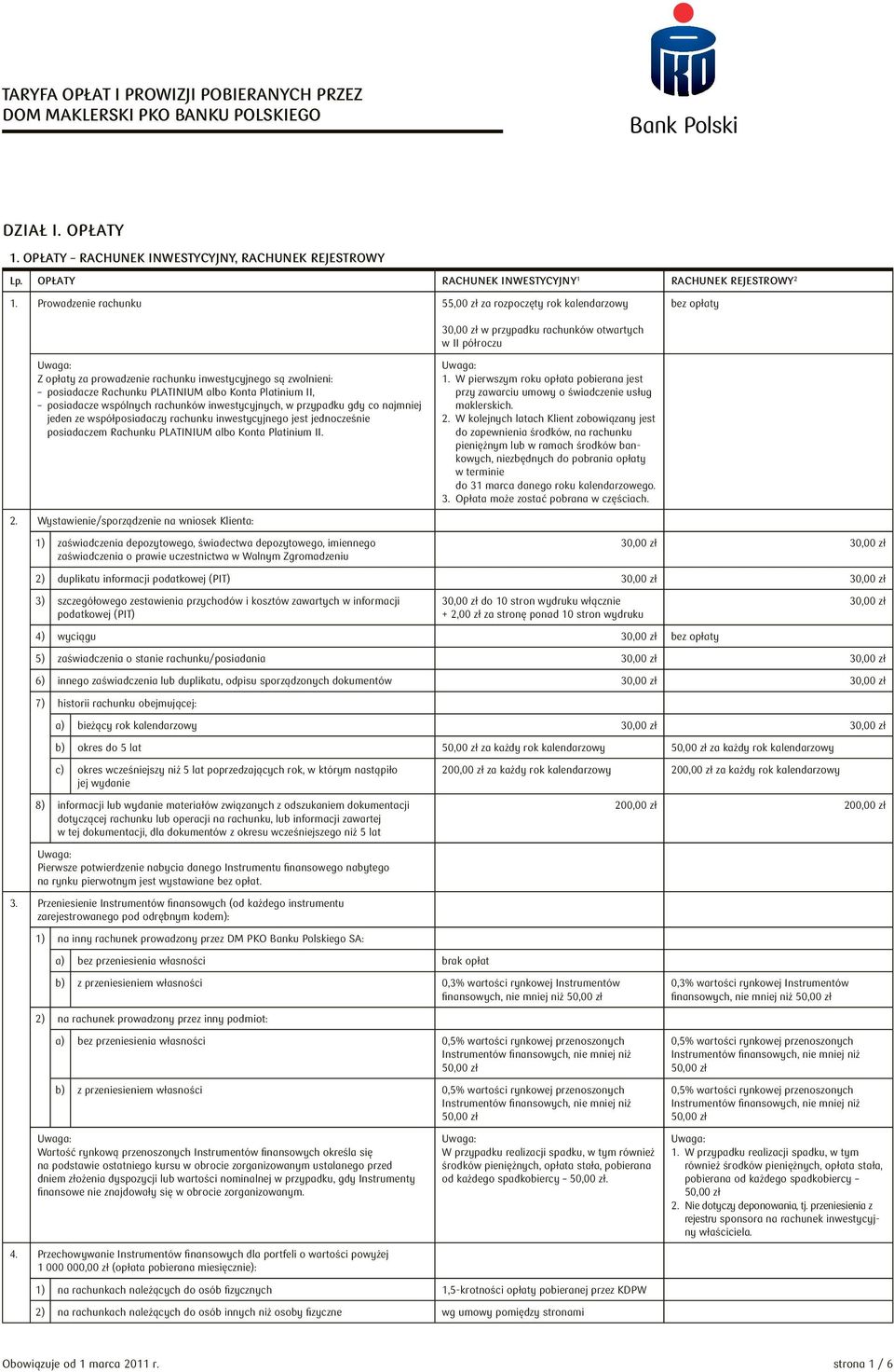 Prowadzenie rachunku 55,00 zł za rozpoczęty rok kalendarzowy bez opłaty w przypadku rachunków otwartych w II półroczu Z opłaty za prowadzenie rachunku inwestycyjnego są zwolnieni: posiadacze Rachunku