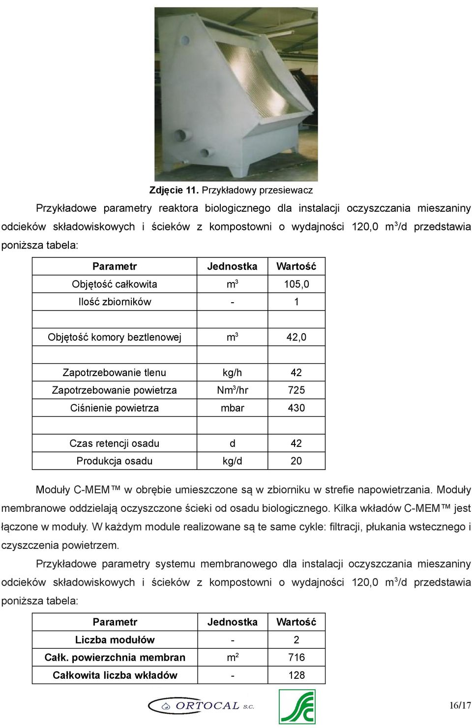 poniższa tabela: Parametr Jednostka Wartość Objętość całkowita m3 105,0 Ilość zbiorników - 1 Objętość komory beztlenowej m3 42,0 Zapotrzebowanie tlenu kg/h 42 Zapotrzebowanie powietrza Nm3/hr 725
