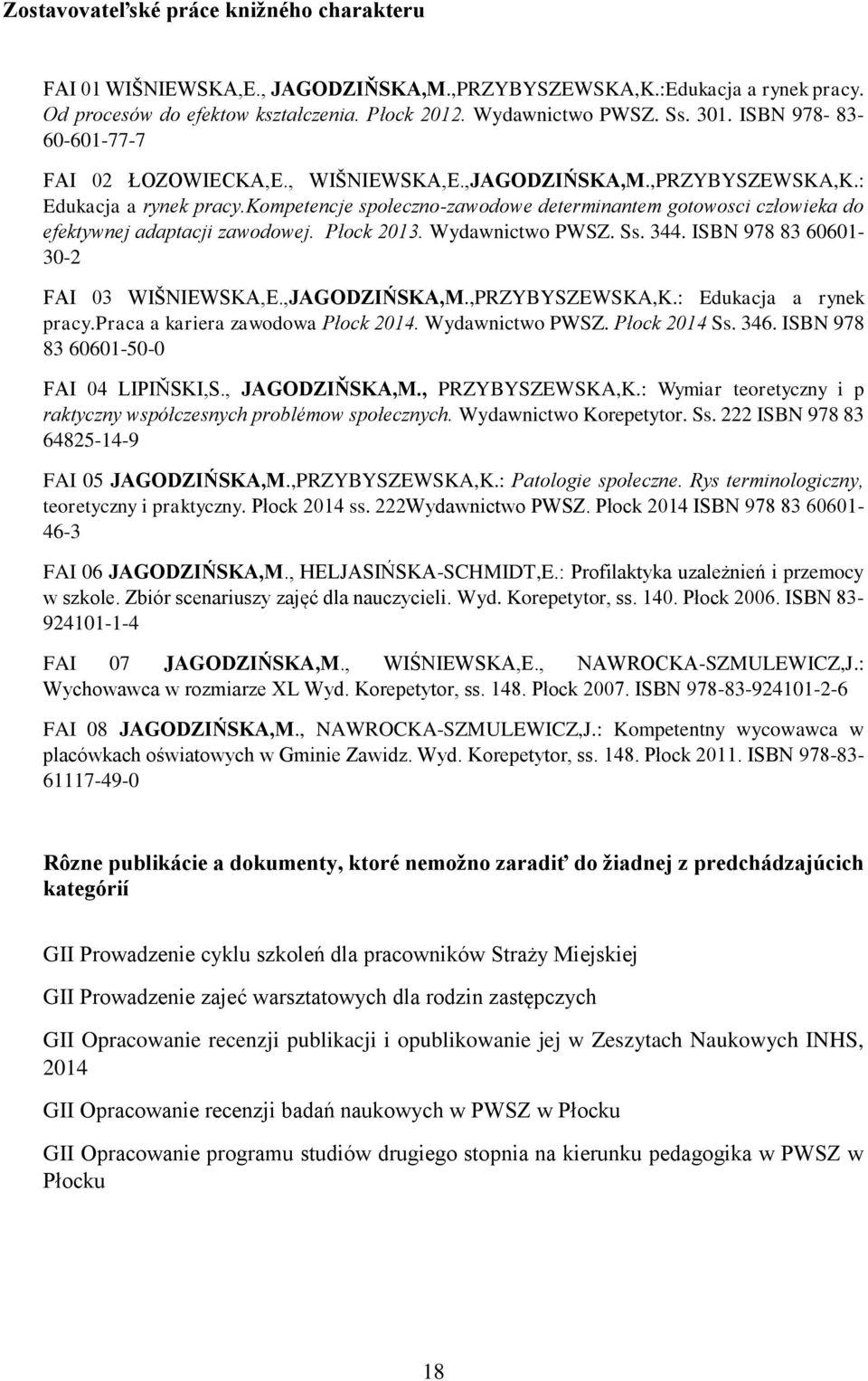 kompetencje społeczno-zawodowe determinantem gotowosci człowieka do efektywnej adaptacji zawodowej. Płock 2013. Wydawnictwo PWSZ. Ss. 344. ISBN 978 83 60601-30-2 FAI 03 WIŠNIEWSKA,E.,JAGODZIŃSKA,M.