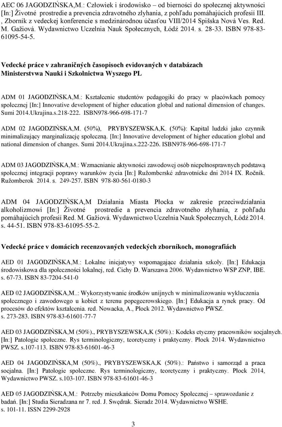 Vedecké práce v zahraničných časopisoch evidovaných v databázach Ministerstvwa Nauki i Szkolnictwa Wyszego PL ADM 01 JAGODZIŃSKA,M.