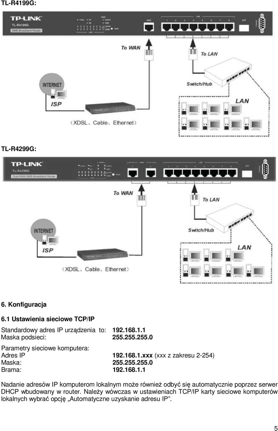 2.168.1.xxx (xxx z zakresu 2-254) Maska: 255.255.255.0 Brama: 192.168.1.1 Nadanie adresów IP komputerom lokalnym moŝe równieŝ odbyć się automatycznie poprzez serwer DHCP wbudowany w router.