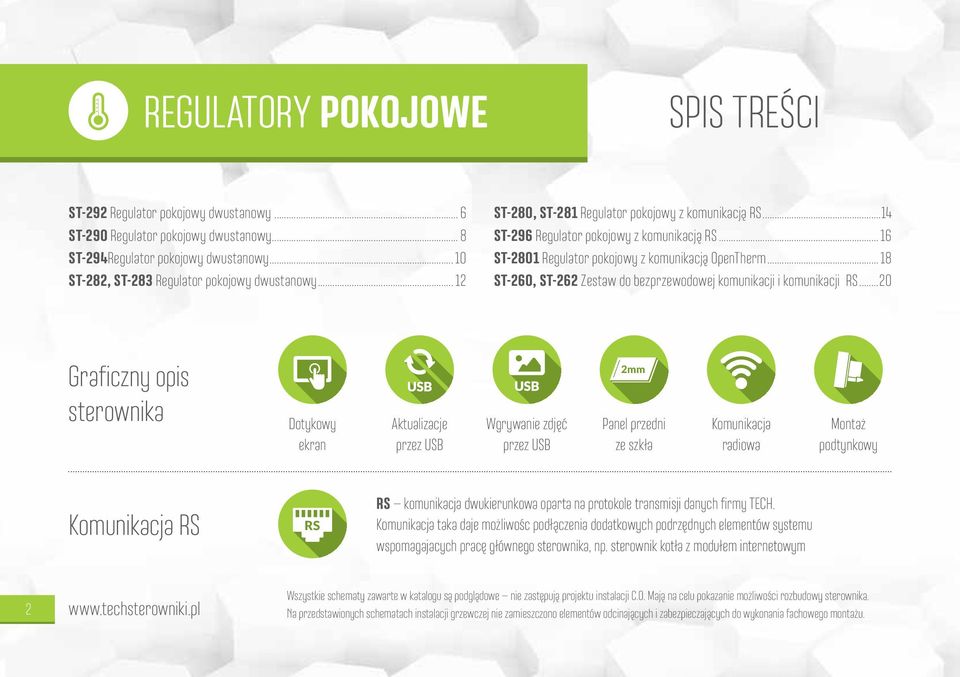 .. 16 ST-2801 Regulator pokojowy z komunikacją OpenTherm... 18 ST-260, ST-262 Zestaw do bezprzewodowej komunikacji i komunikacji RS.