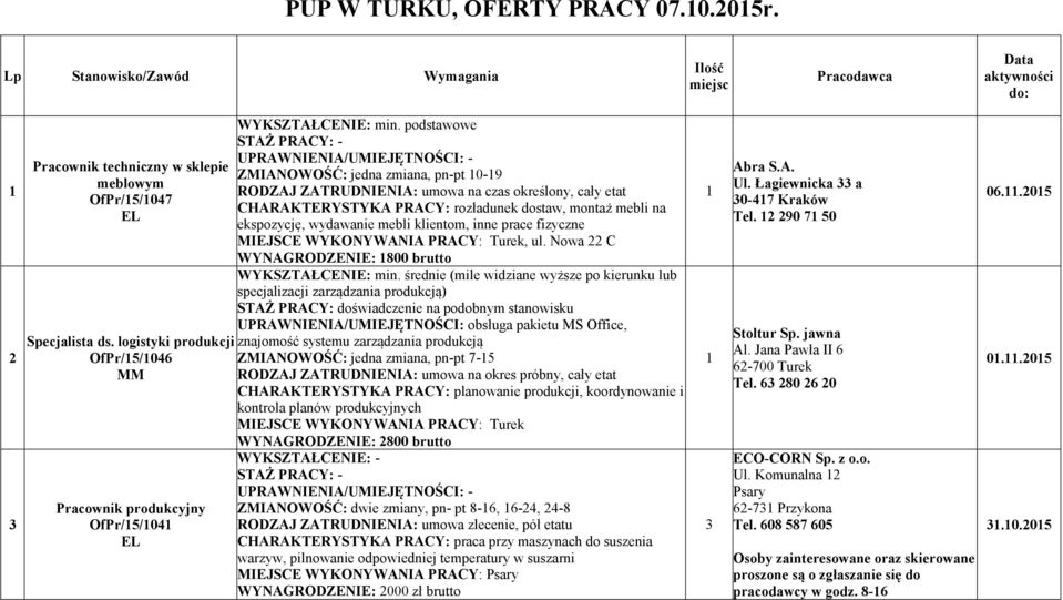 podstawowe ZMIA OWOŚĆ: jedna zmiana, pn-pt 0-9 CHARAKTERYSTYKA PRACY: rozładunek dostaw, montaż mebli na ekspozycję, wydawanie mebli klientom, inne prace fizyczne, ul.