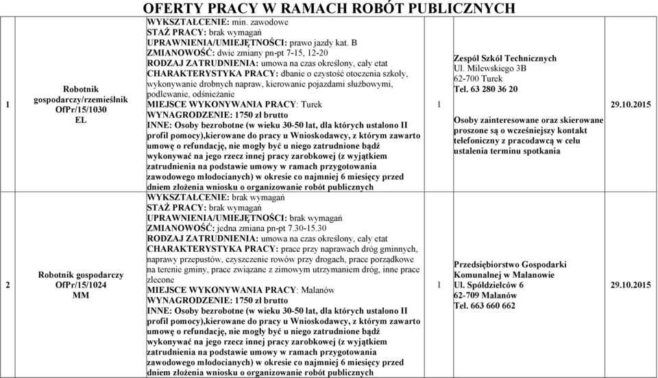 750 zł brutto I E: Osoby bezrobotne (w wieku 30-50 lat, dla których ustalono II profil pomocy),kierowane do pracy u Wnioskodawcy, z którym zawarto umowę o refundację, nie mogły być u niego