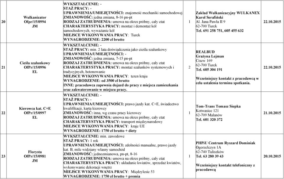 lata doświadczenia jako cieśla szalunkowy ZMIA OWOŚĆ: jedna zmiana, 7-5 pn-pt CHARAKTERYSTYKA PRACY: montaż szalunków systemowych i tradycyjnych, betonowanie MIEJSCE WYKO YWA IA PRACY: teren kraju WY