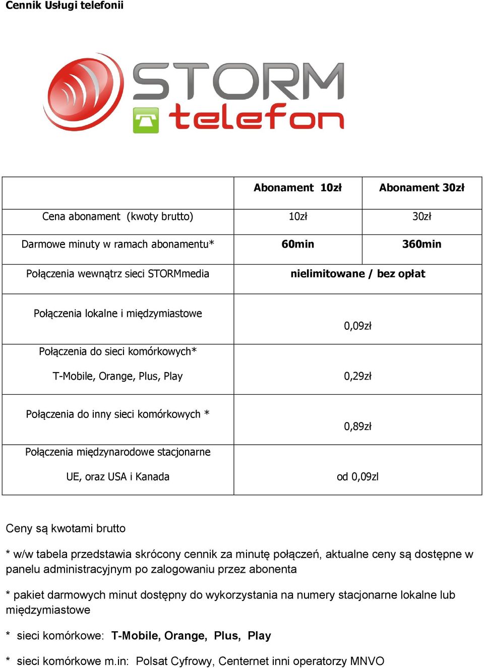 stacjonarne UE, oraz USA i Kanada od 0,09zl Ceny są kwotami brutto * w/w tabela przedstawia skrócony cennik za minutę połączeń, aktualne ceny są dostępne w panelu administracyjnym po zalogowaniu