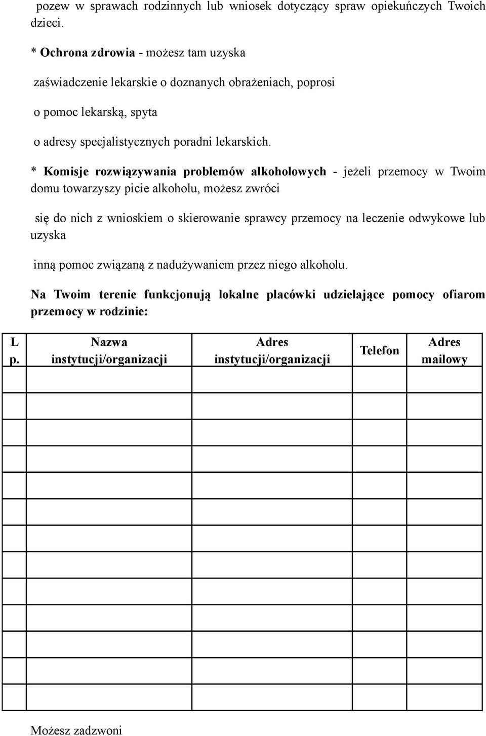 * Komisje rozwiązywania problemów alkoholowych - jeżeli przemocy w Twoim domu towarzyszy picie alkoholu, możesz zwróci się do nich z wnioskiem o skierowanie sprawcy przemocy na