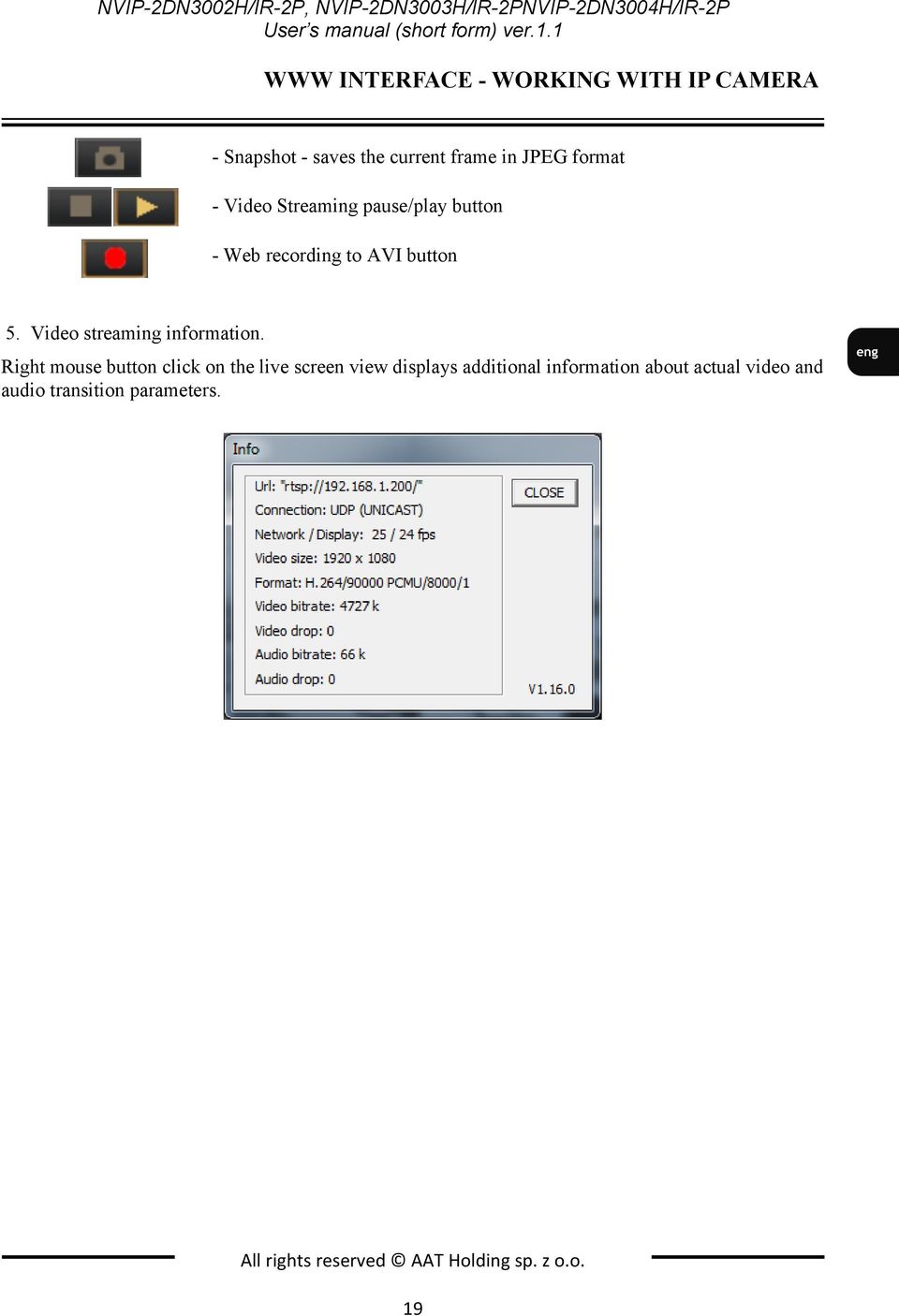 Streaming pause/play button - Web recording to AVI button 5. Video streaming information.