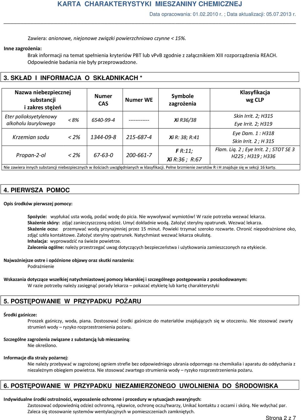 SKŁAD I INFORMACJA O SKŁADNIKACH * Nazwa niebezpiecznej substancji i zakres stężeń Eter polioksyetylenowy alkoholu laurylowego Numer CAS Numer WE Symbole zagrożenia < 8% 6540-99-4 ------------ Xi