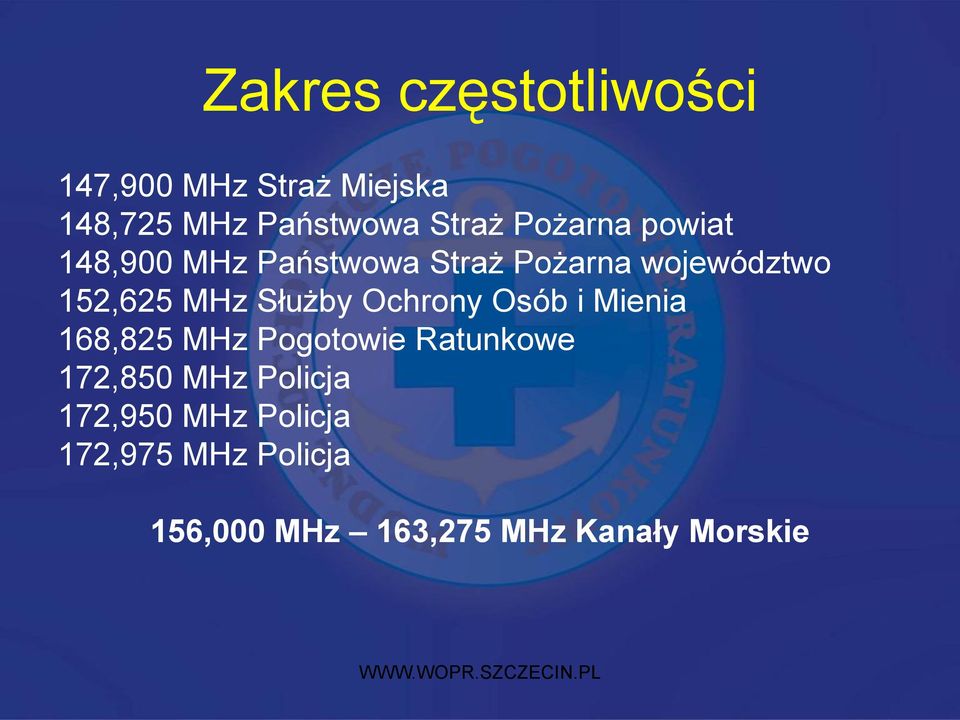 Służby Ochrony Osób i Mienia 168,825 MHz Pogotowie Ratunkowe 172,850 MHz