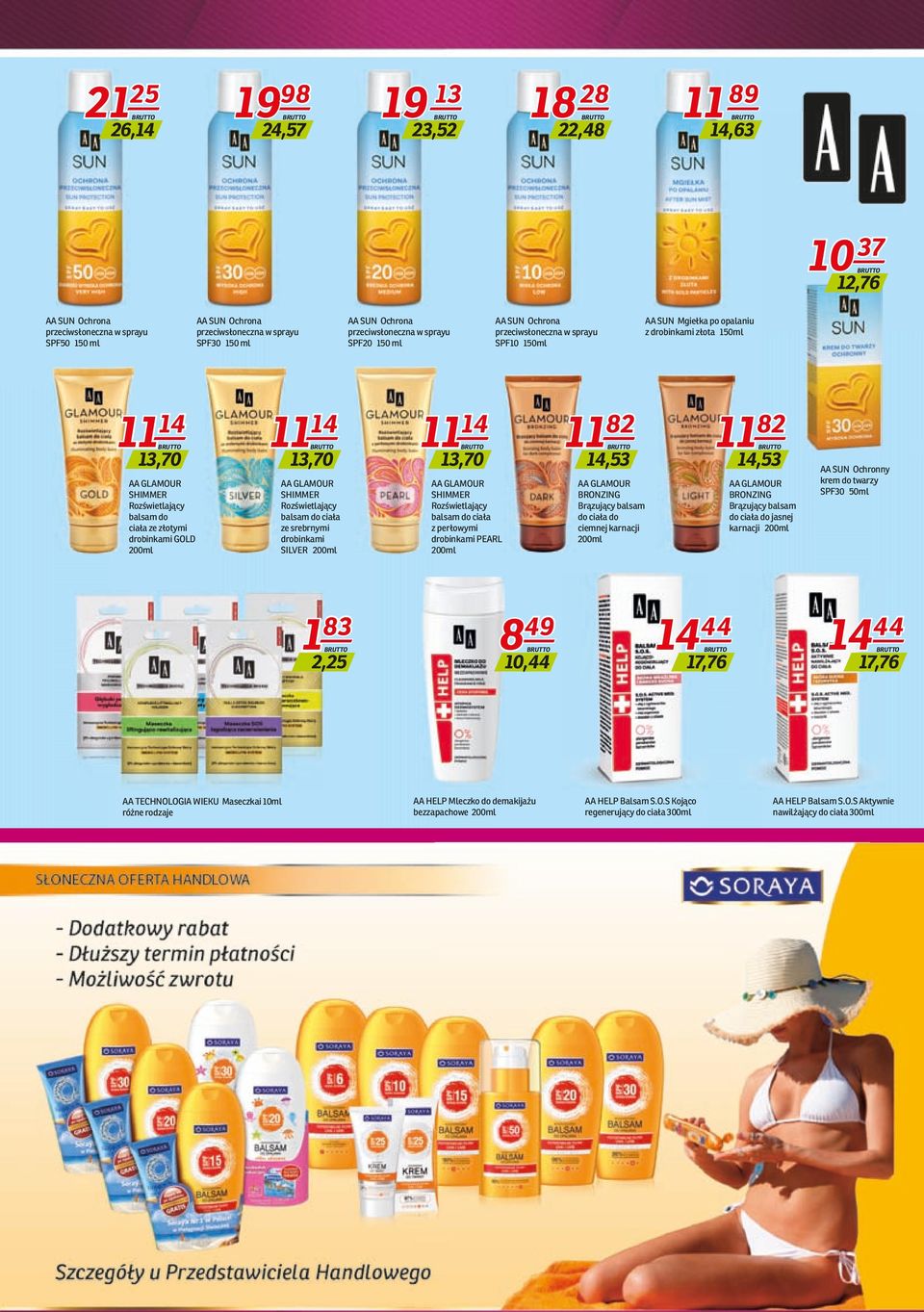 drobinkami SILVER 200ml 83 12,25 AA TECHNOLOGIA WIEKU Maseczkai 10ml różne rodzaje 8 AA SUN Ochrona przeciwsłoneczna w sprayu SPF10 150ml 14 1113,70 AA SUN Mgiełka po opalaniu z drobinkami złota