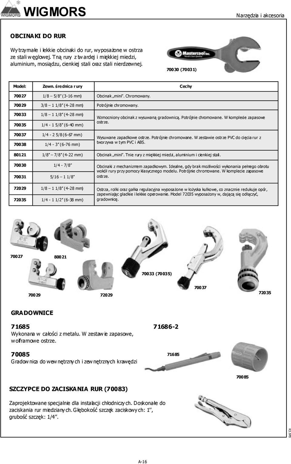 70029 3/8 1 1/8 (4-28 mm) Potrójnie chromowany. 70033 1/8 1 1/8 (4-28 mm) 70035 1/4-1 5/8 (6-40 mm) 70037 1/4-2 5/8 (6-67 mm) 70038 1/4-3 (6-76 mm) Wzmocniony obcinak z wysuwaną gradownicą.