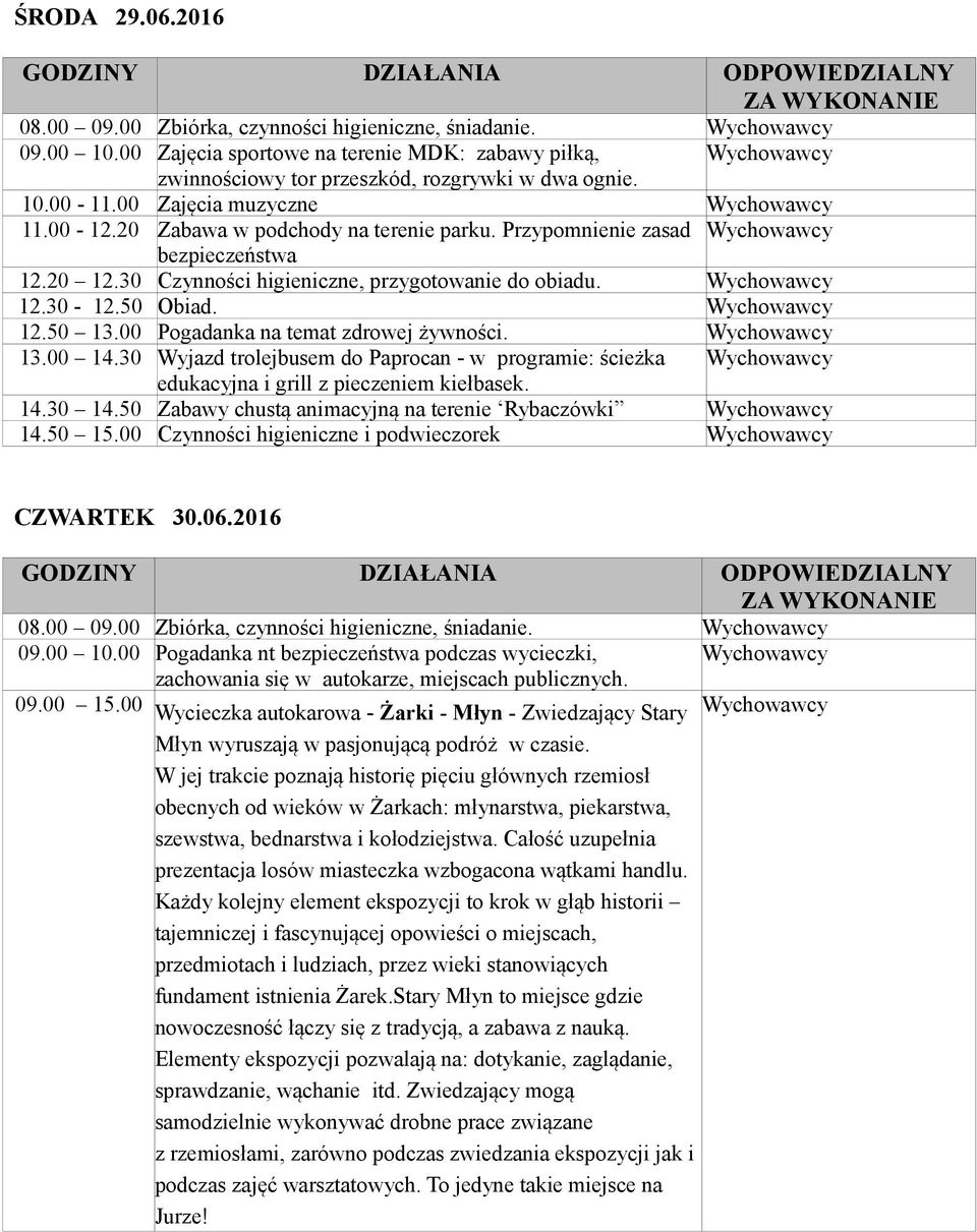 00 Pogadanka na temat zdrowej żywności. 13.00 14.30 Wyjazd trolejbusem do Paprocan - w programie: ścieżka edukacyjna i grill z pieczeniem kiełbasek. 14.30 14.