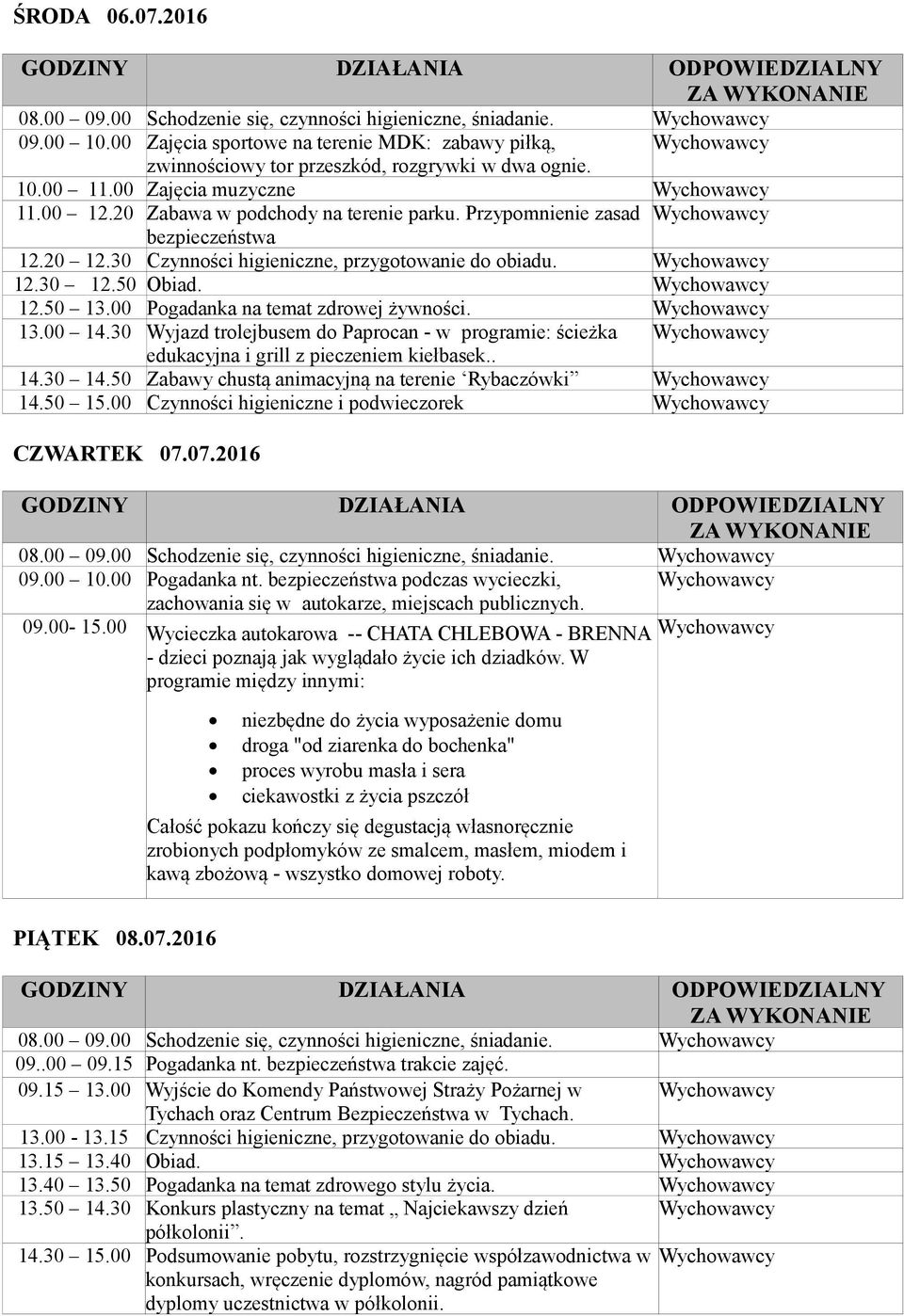 00 Pogadanka na temat zdrowej żywności. 13.00 14.30 Wyjazd trolejbusem do Paprocan - w programie: ścieżka edukacyjna i grill z pieczeniem kiełbasek.. 14.30 14.