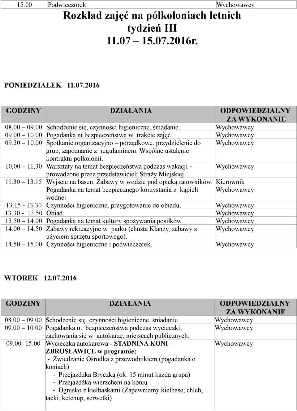 30 Warsztaty na temat bezpieczeństwa podczas wakacji - prowadzone przez przedstawicieli Straży Miejskiej. 11.30 13.15 Wyjście na basen. Zabawy w wodzie pod opieką ratowników.