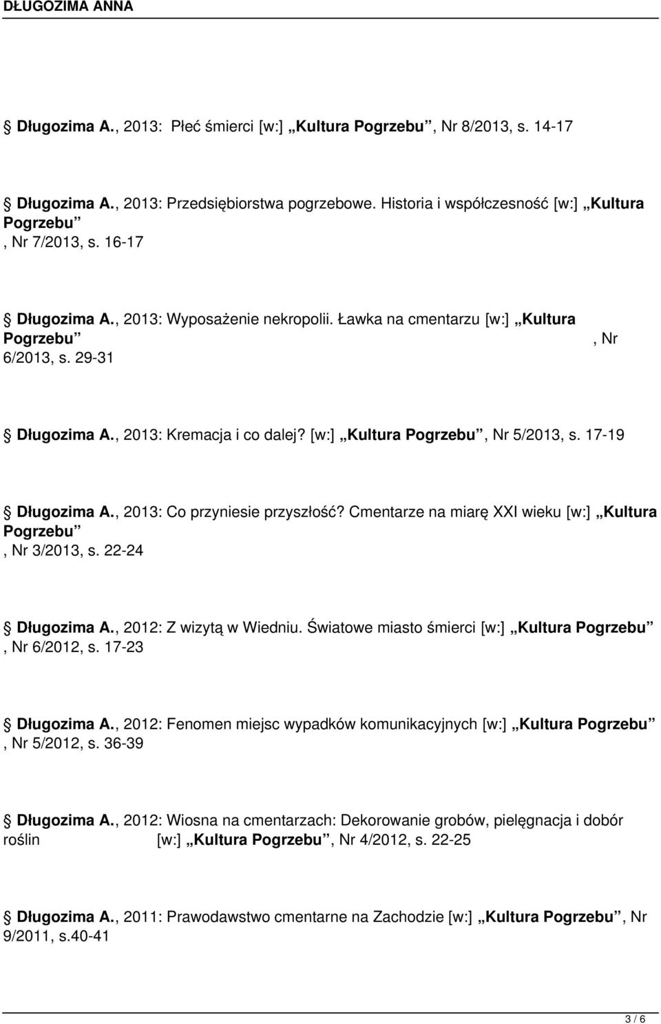 , 2013: Co przyniesie przyszłość? Cmentarze na miarę XXI wieku [w:] Kultura, Nr 3/2013, s. 22-24 Długozima A., 2012: Z wizytą w Wiedniu. Światowe miasto śmierci [w:] Kultura, Nr 6/2012, s.