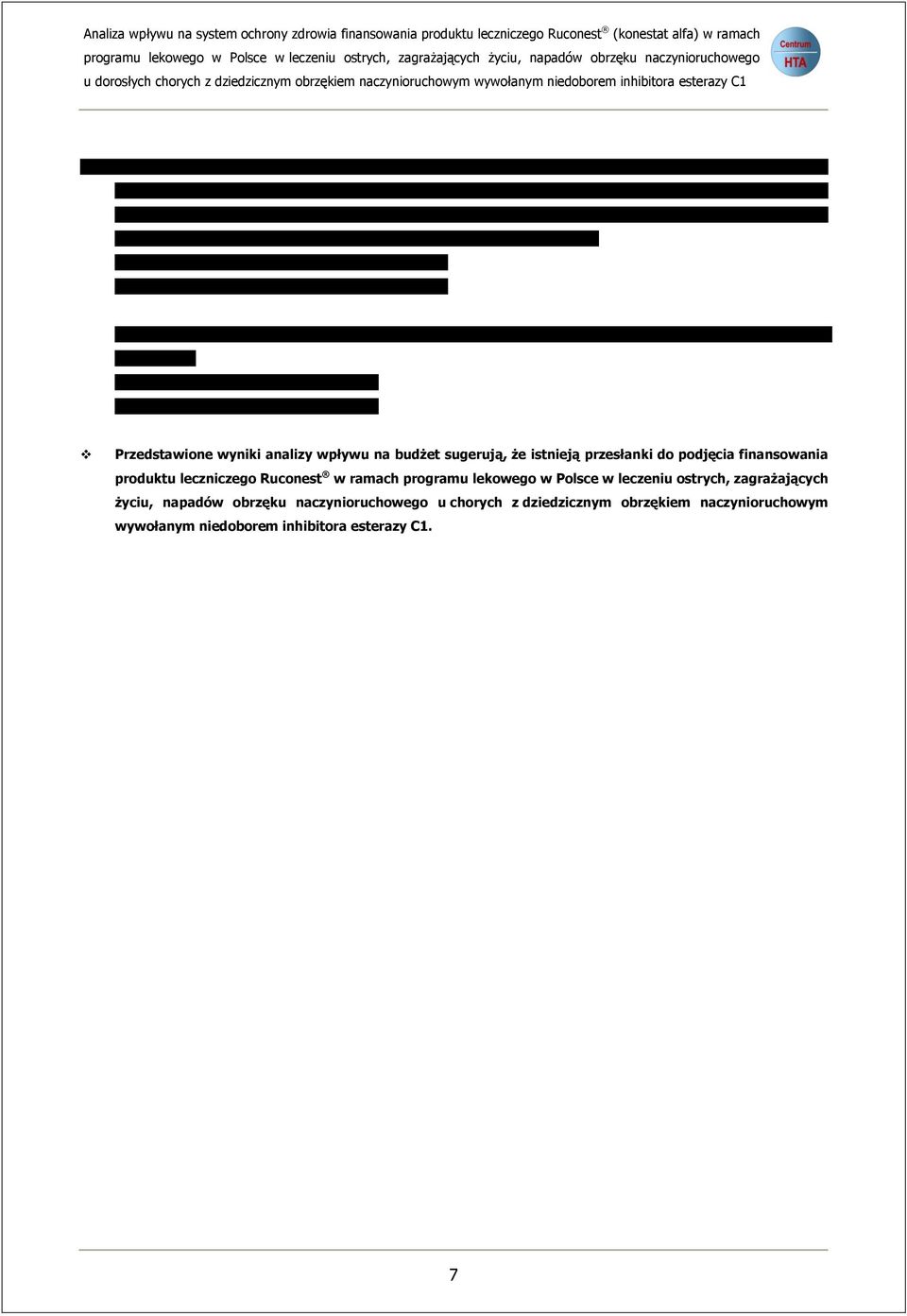 Przedstawione wyniki analizy wpływu na budżet sugerują, że istnieją przesłanki do podjęcia finansowania produktu leczniczego Ruconest w ramach programu lekowego w